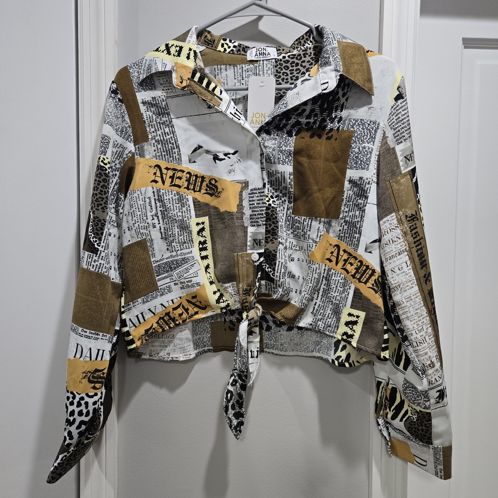 Jon & Anna Trendy Newspaper Front-Tie Button Down Shirt